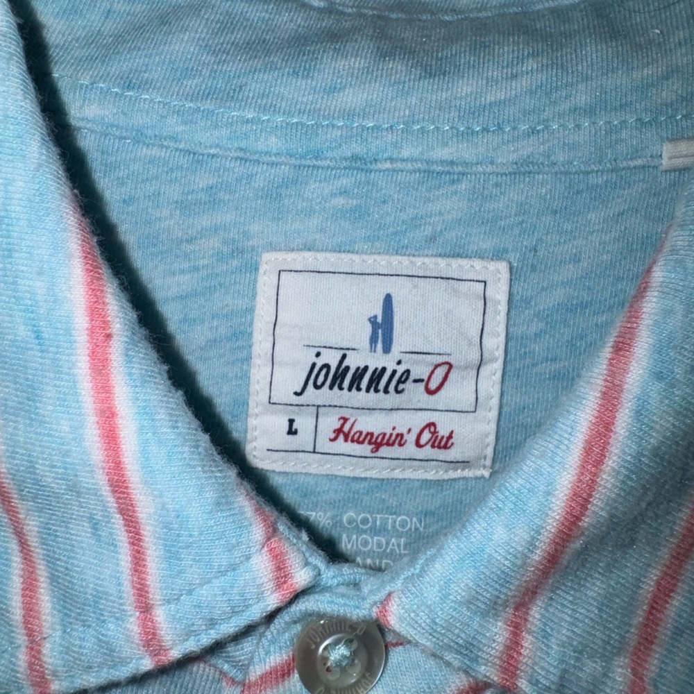 johnnie-O  Hangin’ Out
Light Blue and Red/Pink Striped Polo Shirt
Size: Large